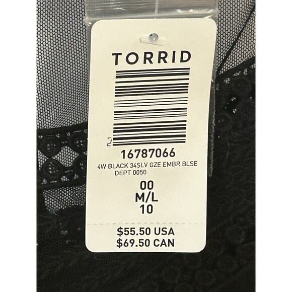 NWT Torrid Black Embroidered Peasant Long Sleeved Blouse Women's size 10 - Picture 4 of 5